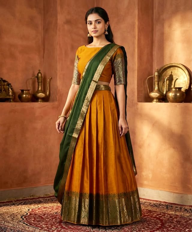 Traditional Ochre Silk Half Saree Style Lehenga - Rajshri Fashions Sowcarpet Chennai